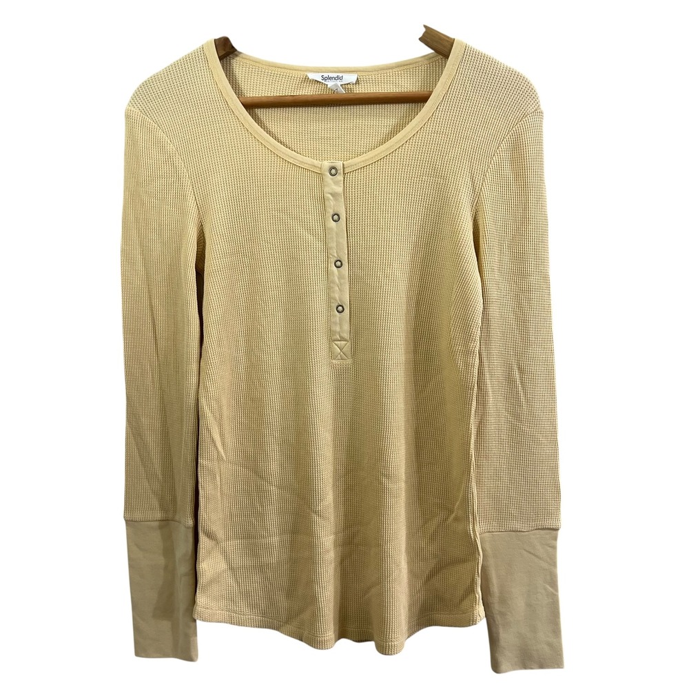 Splendid Henley Top Beige Waffle Knit Long Sleeve Viscose Linen Small Womens